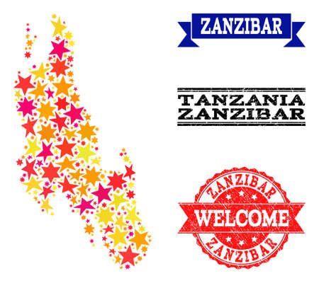 Mosaic map of Zanzibar Island created with colored flat stars, and grunge textured stamps, isolated on an white background. Vector colored geographic abstraction of map of Zanzibar Island with red,のイラスト素材
