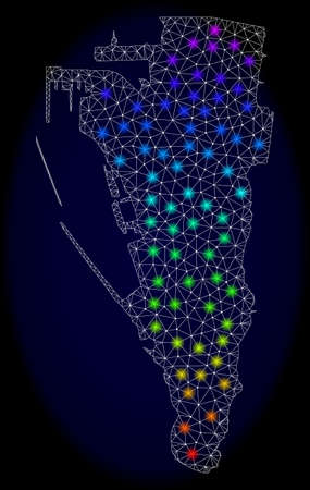 Mesh vector map of Gibraltar with glare effect on a dark background. Light spots have bright spectrum colors. Abstract lines, triangles, light spots and points forms map of Gibraltar.のイラスト素材