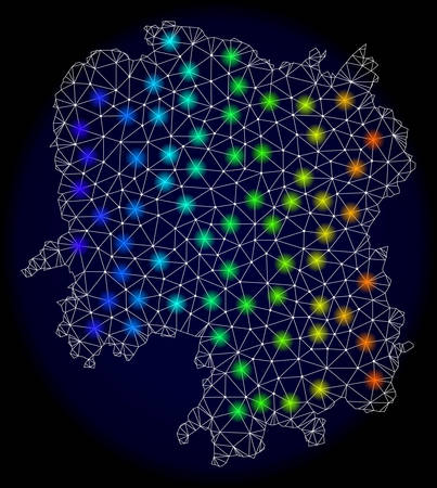 Mesh vector map of Hunan Province with glare effect on a dark background. Light spots have bright spectrum colors. Abstract lines, triangles, light spots and points forms map of Hunan Province.のイラスト素材