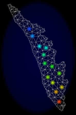 Mesh vector map of Kerala State with glare effect on a dark background. Light spots have bright spectrum colors. Abstract lines, triangles, light spots and points forms map of Kerala State.のイラスト素材
