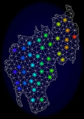 Mesh vector map of Tripura State with glare effect on a dark background. Light spots have bright spectrum colors. Abstract lines, triangles, light spots and points forms map of Tripura State.のイラスト素材