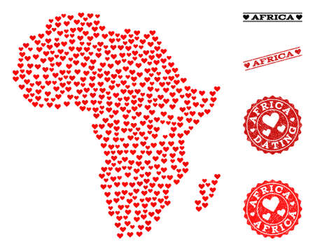 Collage map of Africa created with red love hearts, and rubber stamp seals for Valentines day. Vector lovely geographic abstraction of map of Africa with red romantic symbols.のイラスト素材