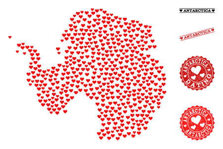 Collage map of Antarctica created with red love hearts, and rubber watermarks for dating. Vector lovely geographic abstraction of map of Antarctica with red amour symbols.のイラスト素材