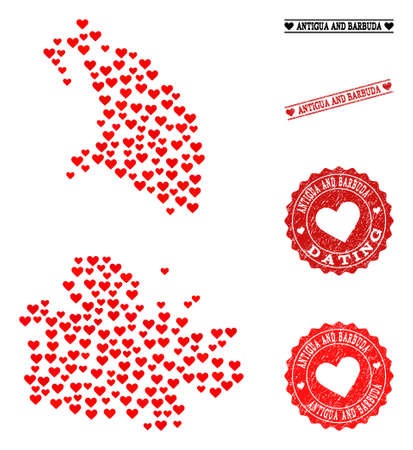 Collage map of Antigua and Barbuda composed with red love hearts, and grunge watermarks for Valentines day. Vector lovely geographic abstraction of map of Antigua and Barbuda with red wedding symbols.のイラスト素材