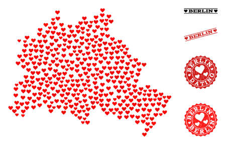 Mosaic map of Berlin City designed with red love hearts, and rubber stamp seals for dating. Vector lovely geographic abstraction of map of Berlin City with red dating symbols.のイラスト素材