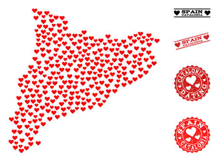 Collage map of Catalonia created with red love hearts, and grunge stamp seals for Valentines day. Vector lovely geographic abstraction of map of Catalonia with red romantic symbols.のイラスト素材