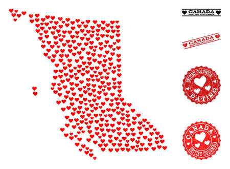 Mosaic map of British Columbia Province composed with red love hearts, and rubber stamp seals for dating.のイラスト素材