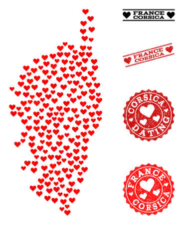 Collage map of Corsica created with red love hearts, and grunge stamp seals for dating. Vector lovely geographic abstraction of map of Corsica with red romantic symbols.のイラスト素材