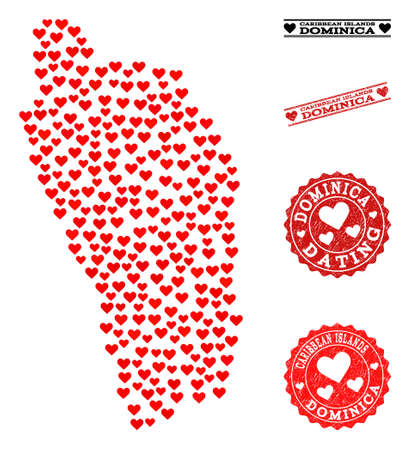 Collage map of Dominica Island formed with red love hearts, and rubber watermarks for Valentines day. Vector lovely geographic abstraction of map of Dominica Island with red romantic symbols.のイラスト素材