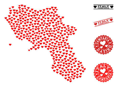 Collage map of Campania region designed with red love hearts, and rubber stamp seals for dating. Vector lovely geographic abstraction of map of Campania region with red dating symbols.のイラスト素材