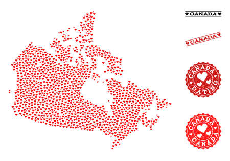 Collage map of Canada composed with red love hearts, and rubber stamp seals for dating. Vector lovely geographic abstraction of map of Canada with red romantic symbols.のイラスト素材