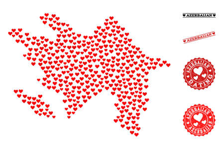 Mosaic map of Azerbaijan created with red love hearts, and grunge stamp seals for Valentines day. Vector lovely geographic abstraction of map of Azerbaijan with red romantic symbols.のイラスト素材