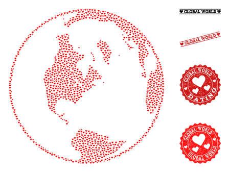 Collage map of global world composed with red love hearts, and rubber watermarks for dating. Vector lovely geographic abstraction of map of global world with red wedding symbols.のイラスト素材