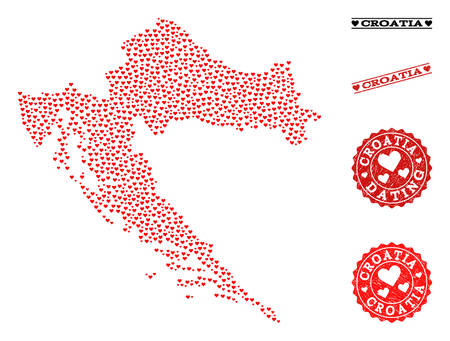 Collage map of Croatia designed with red love hearts, and grunge watermarks for Valentines day. Vector lovely geographic abstraction of map of Croatia with red romantic symbols.のイラスト素材