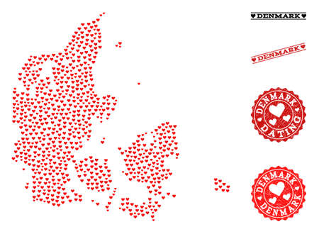 Mosaic map of Denmark designed with red love hearts, and grunge stamp seals for dating. Vector lovely geographic abstraction of map of Denmark with red dating symbols.のイラスト素材