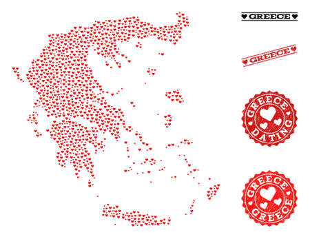 Mosaic map of Greece composed with red love hearts, and grunge watermarks for Valentines day. Vector lovely geographic abstraction of map of Greece with red romantic symbols.のイラスト素材