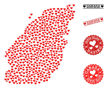 Collage map of Bowen Island composed with red love hearts, and grunge watermarks for dating. Vector lovely geographic abstraction of map of Bowen Island with red dating symbols.のイラスト素材