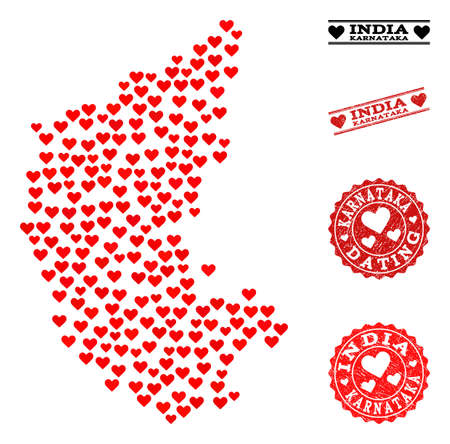 Mosaic map of Karnataka State designed with red love hearts, and rubber stamp seals for dating. Vector lovely geographic abstraction of map of Karnataka State with red romantic symbols.のイラスト素材