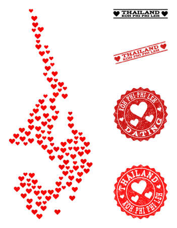 Collage map of Koh Phi Leh created with red love hearts, and rubber watermarks for dating. Vector lovely geographic abstraction of map of Koh Phi Leh with red dating symbols.のイラスト素材
