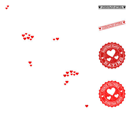 Mosaic map of Marquesas Islands composed with red love hearts, and grunge stamp seals for dating. Vector lovely geographic abstraction of map of Marquesas Islands with red wedding symbols.のイラスト素材