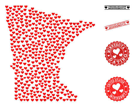 Collage map of Minnesota State composed with red love hearts, and rubber stamp seals for Valentines day. Vector lovely geographic abstraction of map of Minnesota State with red romantic symbols.のイラスト素材