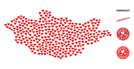 Collage map of Mongolia composed with red love hearts, and grunge watermarks for Valentines day. Vector lovely geographic abstraction of map of Mongolia with red romantic symbols.のイラスト素材