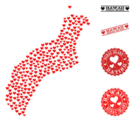 Collage map of Niihau Island created with red love hearts, and rubber watermarks for Valentines day. Vector lovely geographic abstraction of map of Niihau Island with red wedding symbols.のイラスト素材