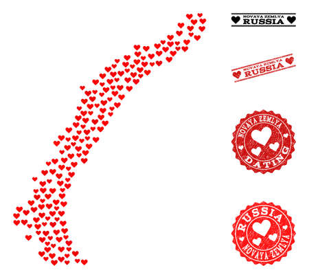 Mosaic map of Novaya Zemlya Islands created with red love hearts, and rubber stamp seals for dating. Vector lovely geographic abstraction of map of Novaya Zemlya Islands with red dating symbols.のイラスト素材