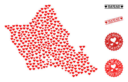 Collage map of Oahu Island composed with red love hearts, and grunge stamp seals for dating. Vector lovely geographic abstraction of map of Oahu Island with red romance symbols.のイラスト素材