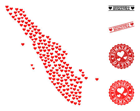 Mosaic map of Sumatra Island designed with red love hearts, and rubber stamp seals for dating. Vector lovely geographic abstraction of map of Sumatra Island with red romantic symbols.のイラスト素材