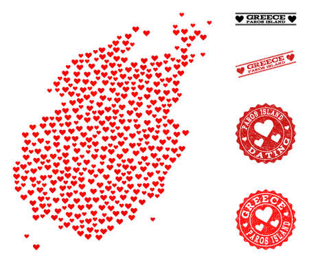 Mosaic map of Paros Island formed with red love hearts, and rubber watermarks for Valentines day. Vector lovely geographic abstraction of map of Paros Island with red valentine symbols.のイラスト素材