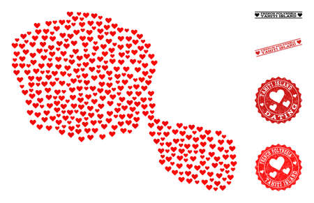 Mosaic map of Tahiti Island created with red love hearts, and grunge watermarks for Valentines day. Vector lovely geographic abstraction of map of Tahiti Island with red valentine symbols.のイラスト素材