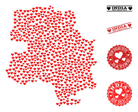 Mosaic map of New Delhi City created with red love hearts, and rubber watermarks for dating. Vector lovely geographic abstraction of map of New Delhi City with red dating symbols.のイラスト素材