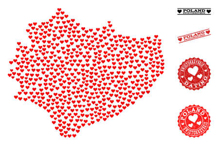 Collage map of Swietokrzyskie Province composed with red love hearts, and grunge stamp seals for dating. Vector lovely geographic abstraction of map of Swietokrzyskie Province with red dating symbols.のイラスト素材