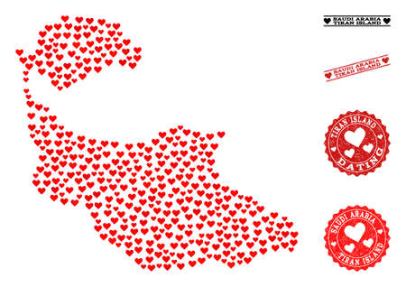 Collage map of Tiran Island designed with red love hearts, and grunge stamp seals for dating. Vector lovely geographic abstraction of map of Tiran Island with red romantic symbols.のイラスト素材
