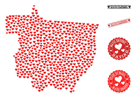 Mosaic map of Mato Grosso State designed with red love hearts, and rubber watermarks for dating. Vector lovely geographic abstraction of map of Mato Grosso State with red romantic symbols.のイラスト素材