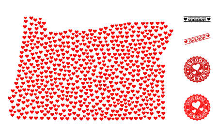 Mosaic map of Oregon State composed with red love hearts, and grunge stamp seals for Valentines day. Vector lovely geographic abstraction of map of Oregon State with red romantic symbols.のイラスト素材