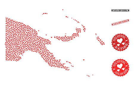 Mosaic map of Papua New Guinea formed with red love hearts, and grunge watermarks for Valentines day. Vector lovely geographic abstraction of map of Papua New Guinea with red romantic symbols.のイラスト素材