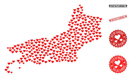 Mosaic map of Rio de Janeiro State designed with red love hearts, and grunge stamp seals for dating. Vector lovely geographic abstraction of map of Rio de Janeiro State with red romantic symbols.のイラスト素材
