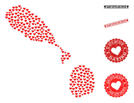Collage map of Saint Kitts and Nevis designed with red love hearts, and rubber watermarks for Valentines day.のイラスト素材