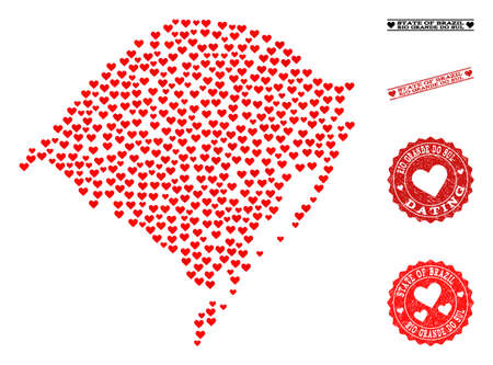 Collage map of Rio Grande do Sul State created with red love hearts, and grunge watermarks for dating. Vector lovely geographic abstraction of map of Rio Grande do Sul State with red romance symbols.のイラスト素材
