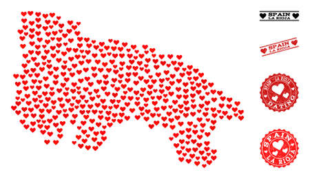 Collage map of Spain - La Rioja composed with red love hearts, and grunge stamp seals for Valentines day. Vector lovely geographic abstraction of map of Spain - La Rioja with red romantic symbols.のイラスト素材