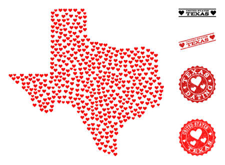 Collage map of Texas State composed with red love hearts, and rubber watermarks for dating. Vector lovely geographic abstraction of map of Texas State with red dating symbols.のイラスト素材