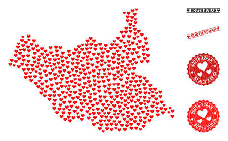 Collage map of South Sudan designed with red love hearts, and rubber stamp seals for dating. Vector lovely geographic abstraction of map of South Sudan with red romantic symbols.のイラスト素材