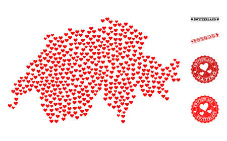 Mosaic map of Switzerland designed with red love hearts, and rubber stamp seals for Valentines day. Vector lovely geographic abstraction of map of Switzerland with red wedding symbols.のイラスト素材