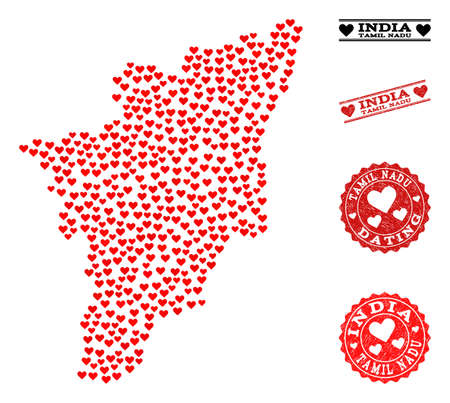 Collage map of Tamil Nadu State designed with red love hearts, and rubber stamp seals for Valentines day. Vector lovely geographic abstraction of map of Tamil Nadu State with red romantic symbols.のイラスト素材