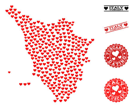 Collage map of Tuscany region created with red love hearts, and rubber watermarks for Valentines day. Vector lovely geographic abstraction of map of Tuscany region with red romantic symbols.のイラスト素材