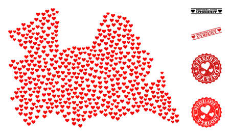 Collage map of Utrecht Province designed with red love hearts, and rubber stamp seals for dating. Vector lovely geographic abstraction of map of Utrecht Province with red valentine symbols.のイラスト素材