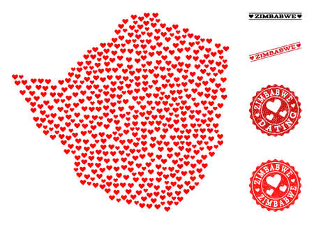 Mosaic map of Zimbabwe composed with red love hearts, and rubber stamp seals for Valentines day. Vector lovely geographic abstraction of map of Zimbabwe with red romantic symbols.のイラスト素材