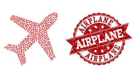 Mosaic airplane formed with red valentine hearts, and isolated rubber stamp. Composition for Valentines Day. Airplane concept constructed with small random romantic heart elements.のイラスト素材